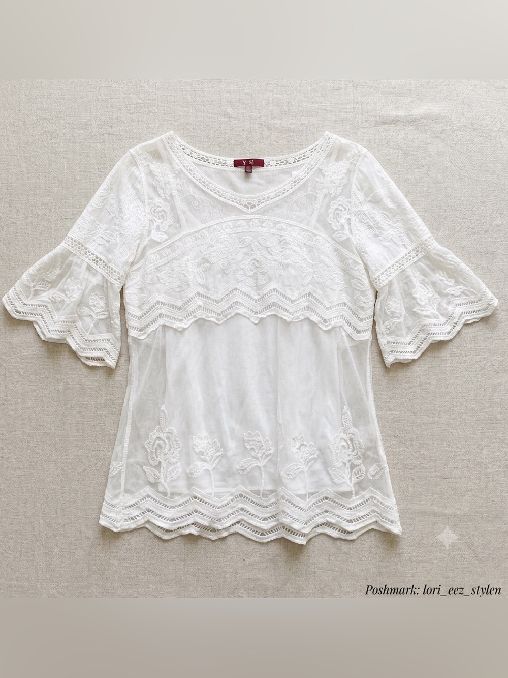 Women’s White Embroidered Lace Blouse with Flutter Sleeves